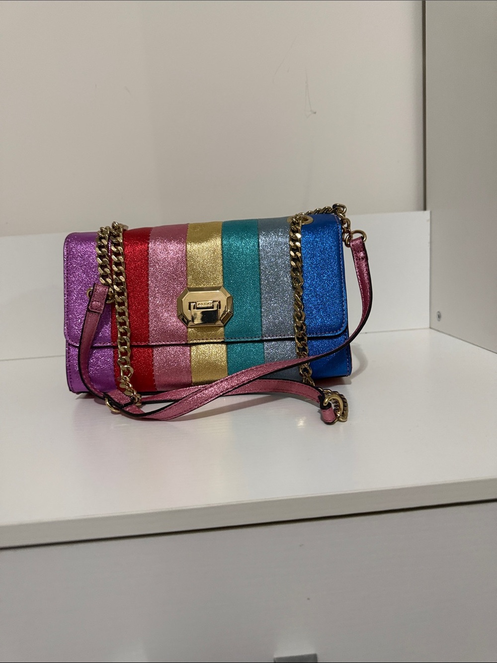 Aldo Metallic Rainbow Stripe Crossbody - Purple, Red, Pink, Gold, Teal, Blue